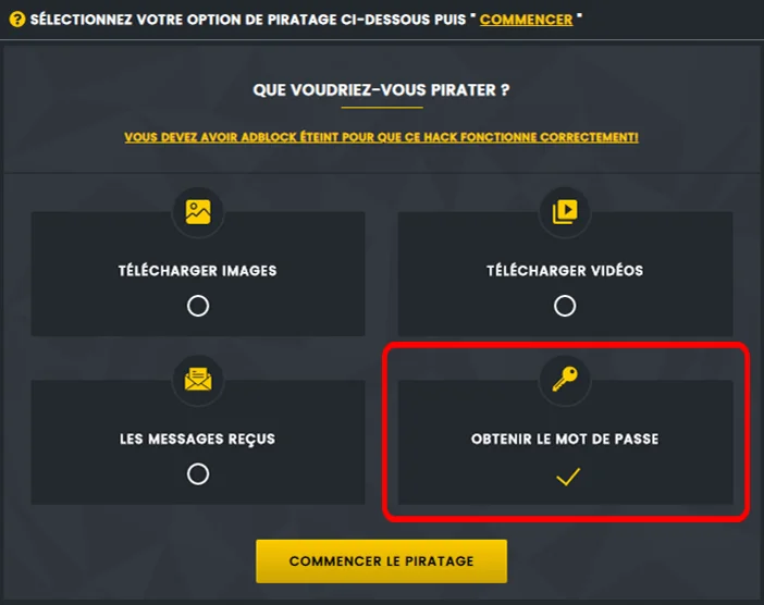 Sélectionnez les options que vous voulez pirater 