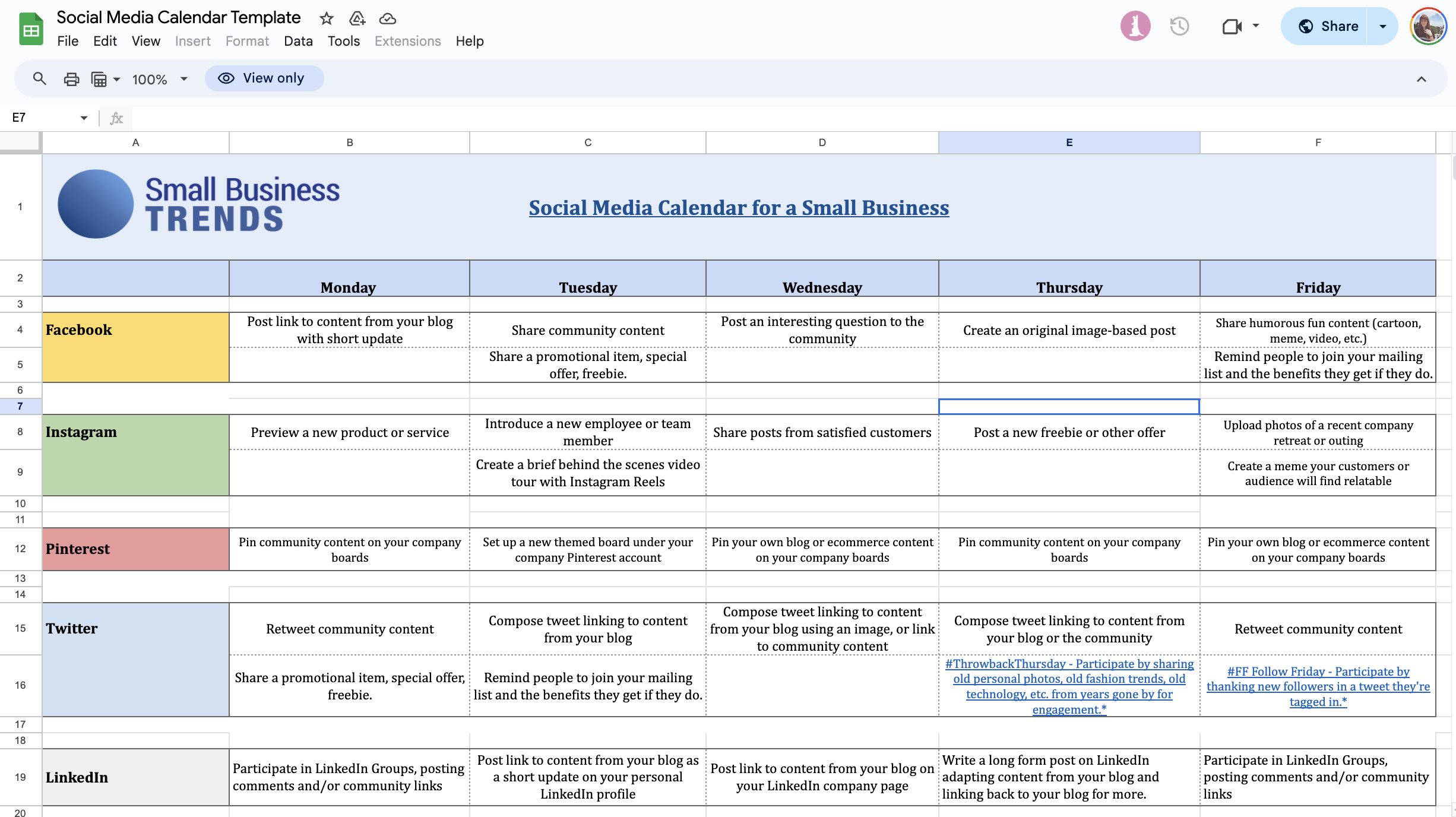 Capture d'écran de la meilleure feuille de calcul de calendrier de contenu pour 2024. La mise en page comprend des onglets pour différentes plateformes comme Facebook, Instagram, Pinterest, Twitter et LinkedIn avec des stratégies de publication quotidiennes détaillées.