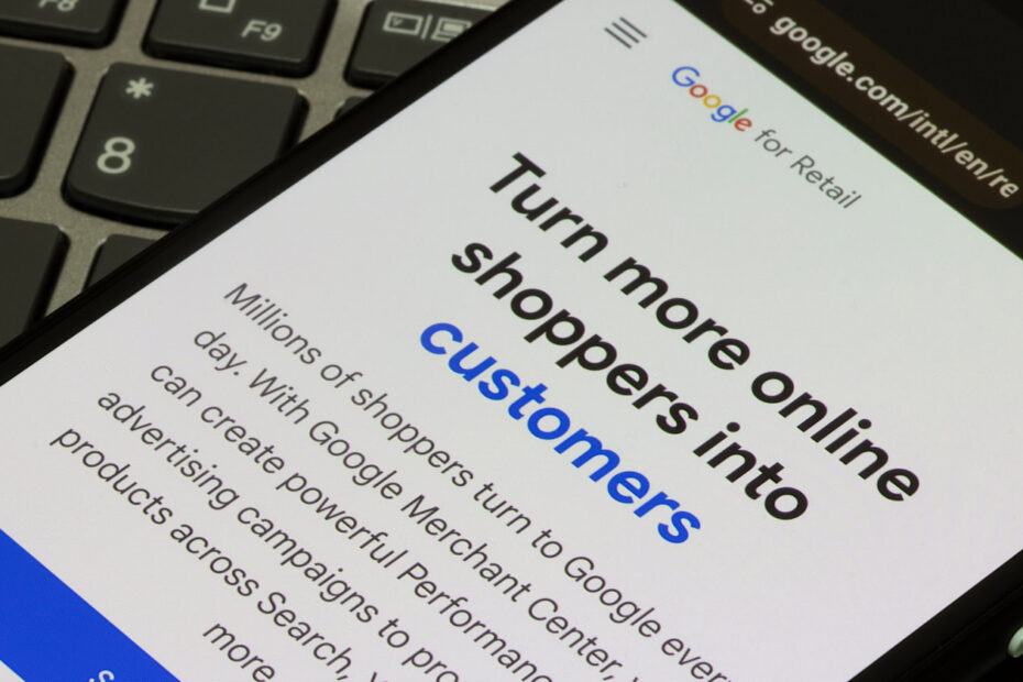 Google Performance Max advertising campaigns is seen on the webpage of Google for Retail on a smartphone.